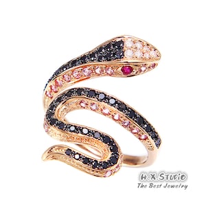 HX Schmuck | Diamant Rubin Rosa Saphir Serpent Bypass Ring/Schlangen Cocktail Ring in 18k Gold/Custom Fine Jewelry/Geschenk für Sie