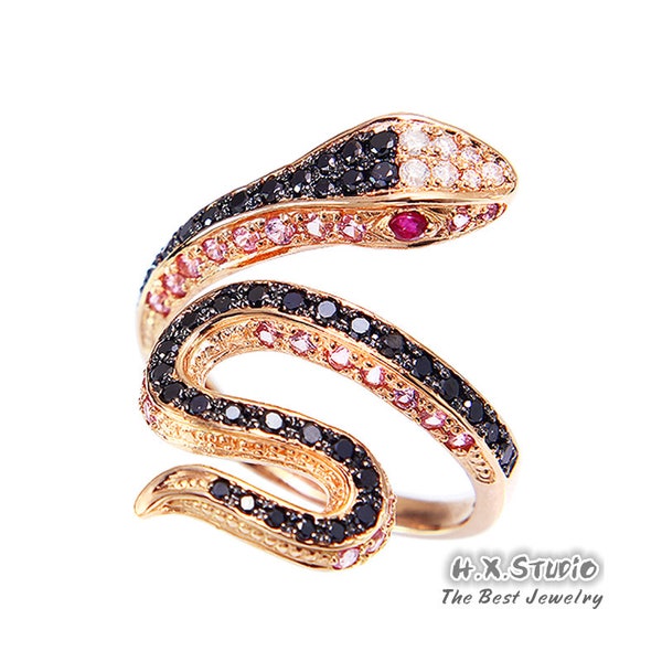 HX Jewelry | Diamond Ruby Pink Sapphire Serpent Bypass Ring/Snake Cocktail Ring in 18k Gold/Custom Fine Jewelry/Gift for Her