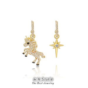 Unicorn Dangle Earring, Star Drop Earring, Genuine Diamond, Solid 18k Gold, Unicorn Jewelry, Gift Idea, Gift for Her