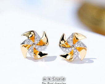 Rotatable Diamond Pinwheel Stud Earrings in Solid 18k Gold, Genuine Diamond, Elegant Jewelry, Gift for Her, Customization Jewelry