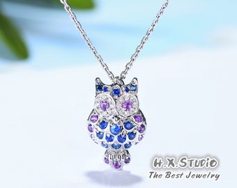Diamond, Sapphire and Amethyst Owl Pendant in Solid 18k Gold/Custom Jewelry/Personalization Design/Gift for Women and Girls/(Pendant Only)