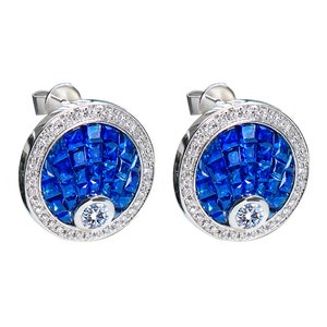 HX Jewelry | Invisible Set Sapphire and Diamond Earrings in Solid 18k Gold, Genuine Diamond, Sapphire, Blue Color Gemstone, Gift for Her