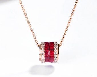 Diamond Ruby Cylinder Pendant Necklace in Solid 18k Gold/Custom Fine Jewelry/Personalization Design/Gift for Women and Girls