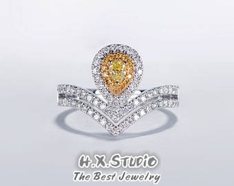 HX Jewelry | Pear Shaped Yellow Diamond Double Band Engagement Halo Ring in Solid Gold, Art Deco Engagement,Promise Ring,Wedding Ring