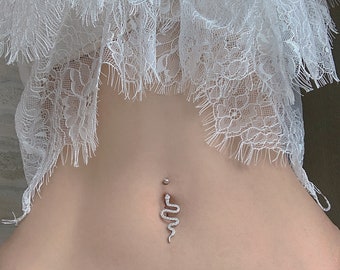 Snake Belly Button Rings in Solid 18k Gold and Diamond, Dangle Navel Ring, Body Jewelry, Piercing, Gift for Her, Sexy Belly Ring