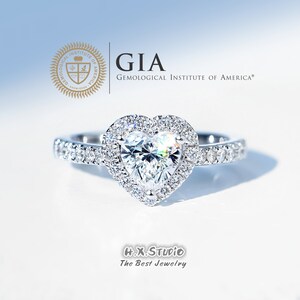 GIA Cert Heart Diamond Engagement Ring, 0.3ct-1.0ct, Diamond Halo Wedding Ring in Solid 18k Gold, Statement Ring, Anniversary, Love Gift