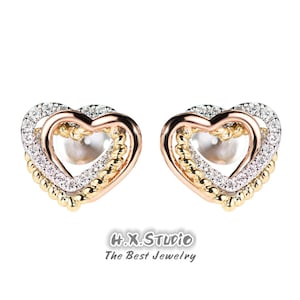 HX Jewelry | Tri-Heart Stud Earrings in Solid 18k Gold, Genuine Diamond, Three-Tones Jewelry, Gift for Her, Christmas, New Year