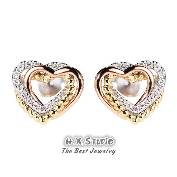 Solid 18k Gold 3 Tone Diamond Earrings Diamond Heart Ear Etsy