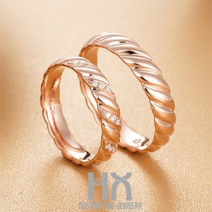 HX Jewelry | Wave Twist Diamond Couple Wedding Rings in 18k Gold/His and Her Ring/Wedding Ring Set/Bridal Jewelry