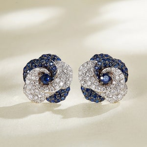 Luxury Diamond and Sapphire Flower Stud Earrings, Solid 18k Gold, Genuine Diamond, Blue Color Gemstone, Gift for Her