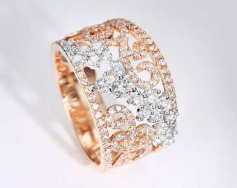 1.10CTW Diamond Hollow Out Wedding Band in 18k 2-Tone Gold/Hollow Carved Wide Band/Lace Filigree Statement Ring/Custom Jewelry/Gift for Her