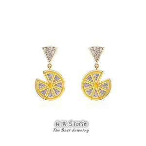 Lemon Slice Dangle Earrings, Solid 18k Gold, Genuine Diamond, Cute Fruit Earring, Season Jewelry, Gift Idea, Gift for Her