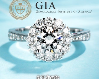 GIA Cert Round Diamond Engagement Ring, 0.3ct-1.0ct, Solitaire Halo Ring in Solid 18k Gold, Flower Cluster Wedding Band, Love Gift