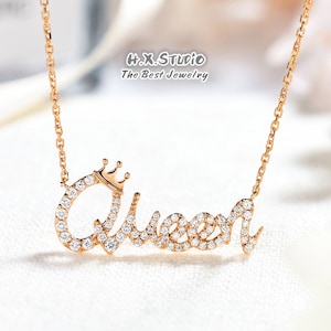 HX Jewelry / Diamond Script Queen con collar de corona en oro macizo de 18k / Collar de nombre personalizado / Joyería fina personalizada / Regalo para ella