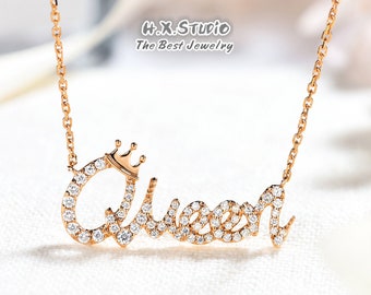 HX Jewelry | Diamond Script Queen with Crown Necklace in Solid 18k Gold/Personalized Name Necklace/Custom Fine Jewelry/Gift for Her