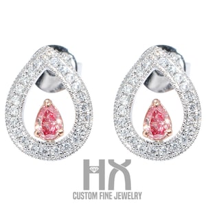 HX Jewelry | Pink Diamond Pear Shape Halo Ear Studs in Solid 18k Two Tone Gold, Genuine Pink Diamond Earrings, Customization Jewelry