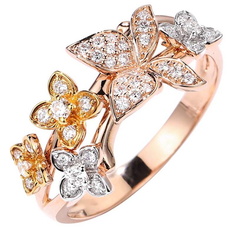 Flowers Rings Firefly Diamond Butterfly and Flower Ring in Solid 18k 3-tone Gold/custom Fine ...