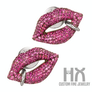 Pink Sapphire Lips Kiss Ear Studs in Solid 18k Gold/Kiss Me Earrings/Custom Fine Jewelry/Personalization Design/Gift for Women and Girls