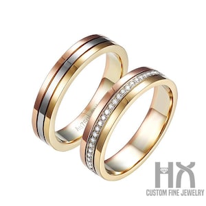 Diamond Matching Wedding Bands in Three Tone 18k Gold/Couple Ring Set/His and Her Ring/Eternity Wedding Ring/Custom Jewelry/Bridal Jewelry