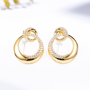 Diamond Interlocking Double Circle Dangle Earrings in Solid 18k Gold/Custom Fine Jewelry/Personalization Design/Gift for Women and Girls