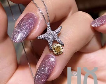 HX Jewelry | White Diamond Starfish and Yellow Diamond Pendant Necklace in Solid 18k Gold/Custom Jewelry/Gift for Women and Girls