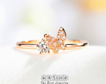 Diamond Butterfly Ring in Solid 18k Gold/Solitaire Wedding Ring/Custom Jewelry/Personalization Design/Gift for Women and Girls