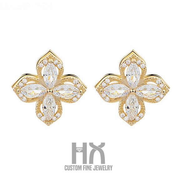 Silver Flower Lucky Clover Swan Pave Cubic Zirconia White Gold Stud