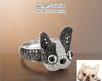 Diamond 3D French Bulldog Ring in Solid 18K Gold/Black and White Diamond Puppy Ring/Pet Lovers Ring/Custom Jewelry/Personalization Design