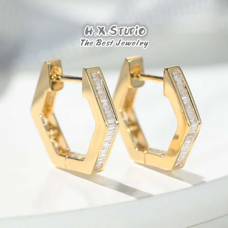 Minimalist Hexagon Pave Diamond Hoop Earrings, Solid 18k Gold, G Minimalist Hexagon Pave Diamond Hoop Earrings, Solid 18k Gold, G