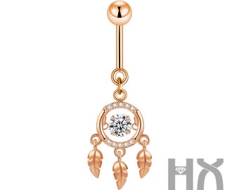 HX Jewelry | Dancing Diamond Navel Ring with Feather Dangle in Solid 18k Gold, Body Jewelry, Piercing Belly Button Ring, Gift for Her
