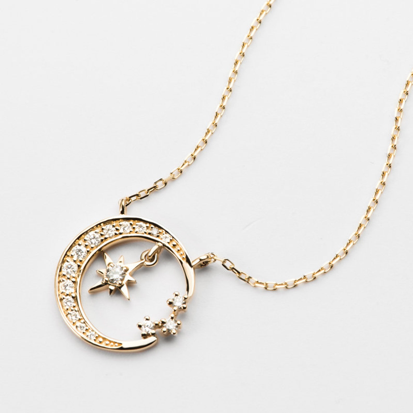 Diamond Crescent Moon and Star Pendant Necklace in Solid 18K Gold ...