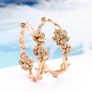 Pendientes de aro de vid de rosa de diamante en oro macizo de 18 k, pendientes de diamantes genuinos, joyas elegantes de oro macizo de diamantes, regalo para ella