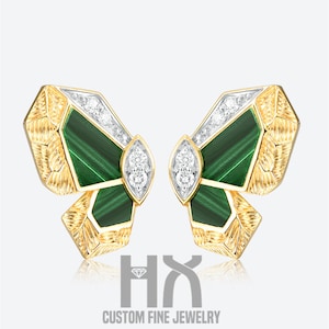 HX Jewelry | Butterfly Stud Earrings in Green or White, Solid 18k Gold with Malachite or with Mother of Pearl, Elegant Jewelry, Gift for Her