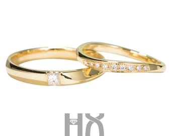 Diamond Matching Wedding Rings in Solid 18k Gold/Couple Ring Set for Lovers/His and Her Ring/Bridal Jewelry/Valentine Gift/Custom Jewelry