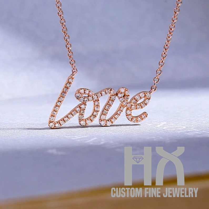 HX Jewelry Diamond Love Letter Pendant Necklace in Solid 18K Gold/Custom Fine Jewelry/Personalization Design/Gift for Women and Girls image 1