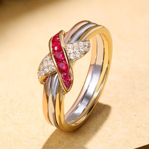 18k Tri Color Gold Diamond & Ruby Crisscross Wedding Ring/Diamond and Ruby X Ring/Custom Fine Jewelry/Gift for Women and Girls