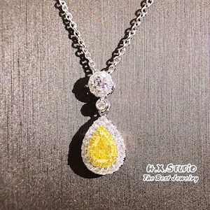 Solid 18k Gold Yellow Pear Shaped Diamond Necklace,Fancy Yellow Diamond Teardrop Pendant Necklace, Christmas/Anniversary/Wedding/Valentine