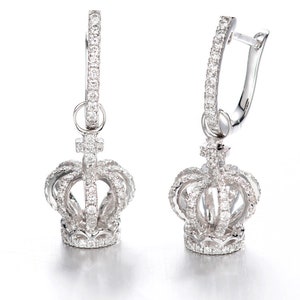 Diamond 3D Crown Dangle Hoop Earrings in Solid 18k Gold/Custom Fine Jewelry/Personalization Design/Gift for Women and Girls