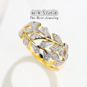 Diamond Leaves Ring in 18K 2-Tone Gold/Diamond Leaf Branch Band/Nature Inspired Ring/Custom Jewelry/Gift for Women and Girls