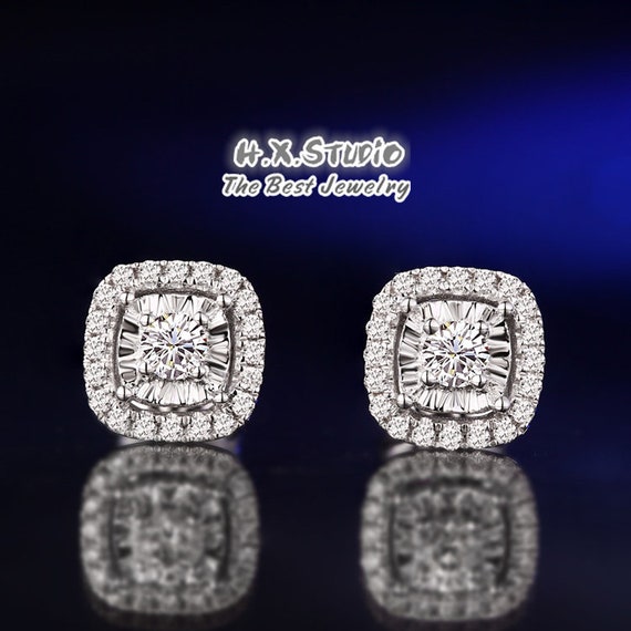 Solid 18k Gold Cushion Cut Halo Diamond Stud Earrings Etsy