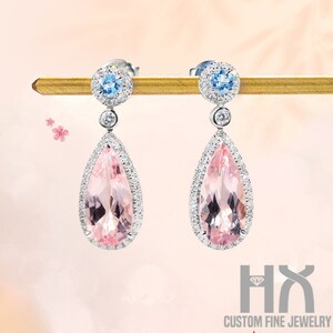 HX Jewelry | Diamond and Morganite Dangle Earring in Solid 18k Gold, Elegant Earring, Gift for Her, Customization Jewelry