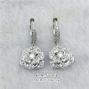 Diamond Rose Flower Dangle Earrings, Solid 18k Gold, Genuine Diamond, Fancy Stud, Elegant Jewelry, Gift for Women and Girls, Holiday Gift