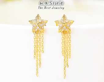 Dainty Star Stud Earrings With Tassels, Solid 18k Gold, Genuine Diamond, Two-Ways Wear Earring, Tassels Jewelry, Gift Idea, Gift for Her