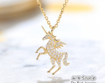 Diamond Fairy Tale Flying Unicorn Pendant Necklace in Solid 18K Gold/Custom Fine Jewelry/Personalization Design/Gift for Women and Girls