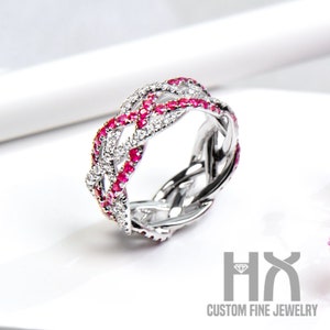 HX Jewelry | 1.6CTW Diamond and Ruby Infinity Weave Ring in Solid 18k Gold/Twist X Cross Wedding Band/Full Eternity Ring/Custom Fine Jewelry