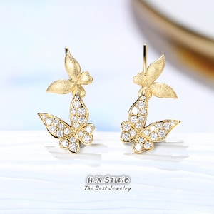Butterfly Ear Climbers, Ear Jackets, Minimalist Stud, Solid 18k Gold, Genuine Diamond, Elegant Jewelry, Gift for Her, Customization Jewelry