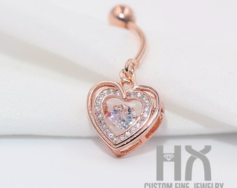 HX Jewelry | Dancing Diamond Dangle Heart Belly Button in Solid 18k Gold/Heart Navel Ring/Piercing Body Jewelry/Gift for Women and Girls