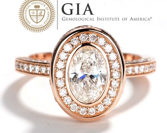 GIA Cert Oval Diamond Halo Engagement Ring Set, 0.3ct-1ct,Solitaire Diamond Ring in 18k Gold, Classic Wedding Ring, Love Gift, Anniversary