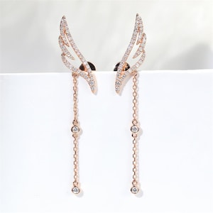 Diamond Angel Wings Drop Dangle Earrings in Solid 18k Gold/Custom Fine Jewelry/Personalization Design/Gift for Women and Girls