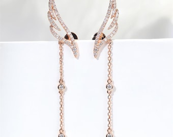 Diamond Angel Wings Drop Dangle Earrings in Solid 18k Gold/Custom Fine Jewelry/Personalization Design/Gift for Women and Girls